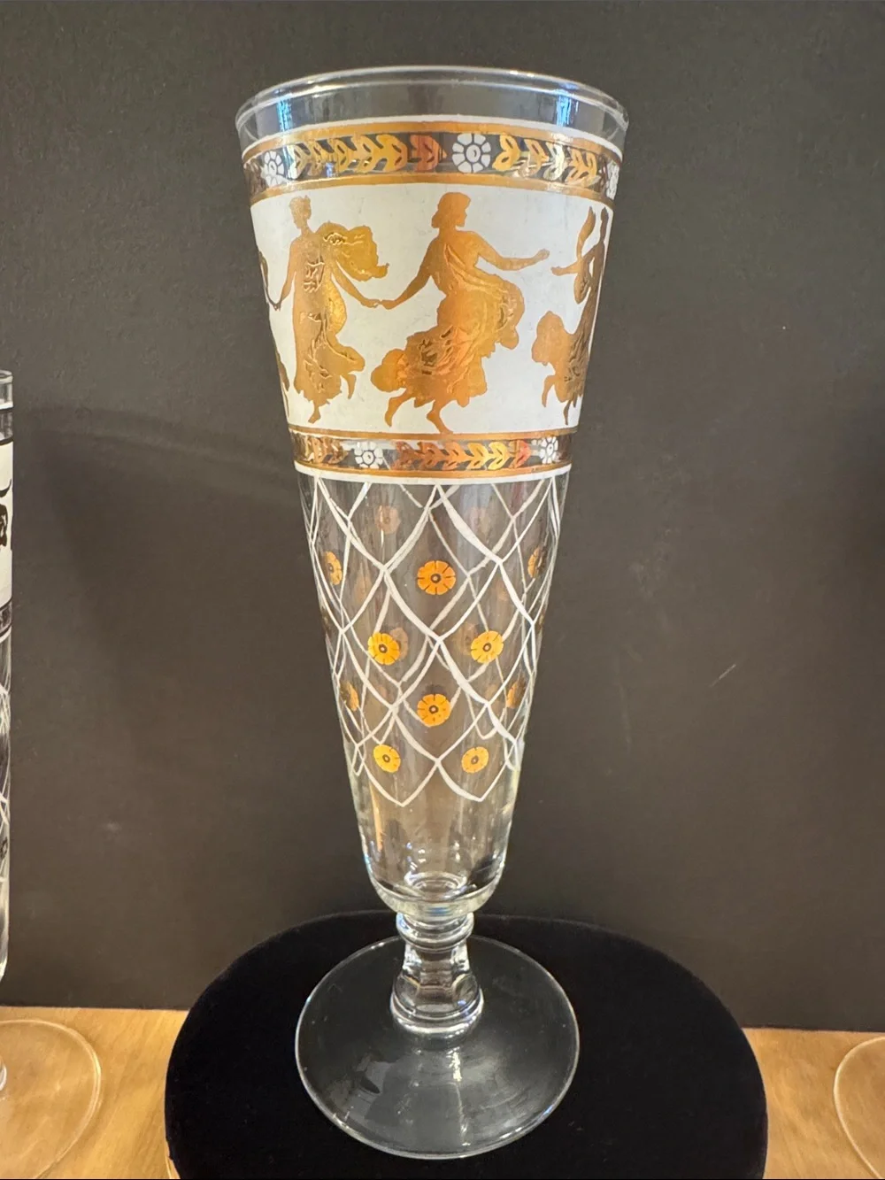 VTG set of 5 Greek Goddess footed Pilsner beer glasses w/22k & white floral des